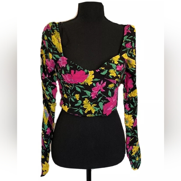 Zara cropped floral top with sweetheart bustline and ruched sleeves size Large - Picture 11 of 16
